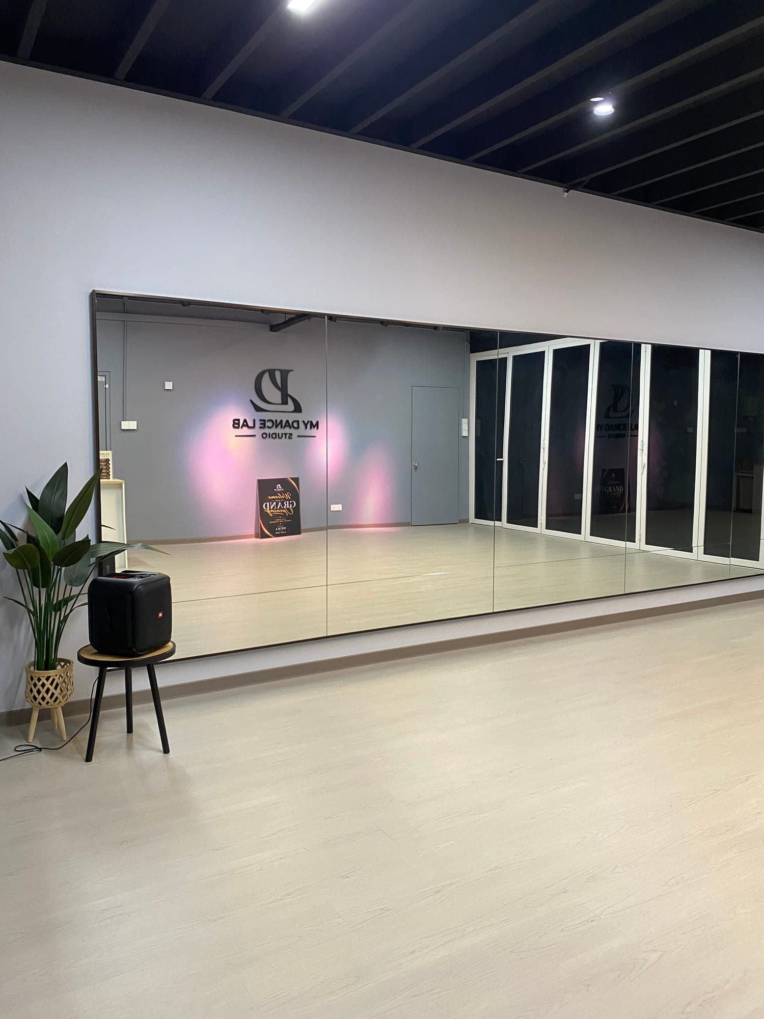 A wall of full-length mirrors with a speaker on a stool and a potted plant beside it